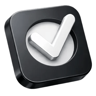 Symbole de validation en 3D avec une coche sur la page À propos de Ample Patrivasure
